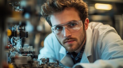 Focused Scientist at Work, A young, serious scientist intently focuses on his complex experiment, wearing safety glasses in a high-tech laboratory setting.