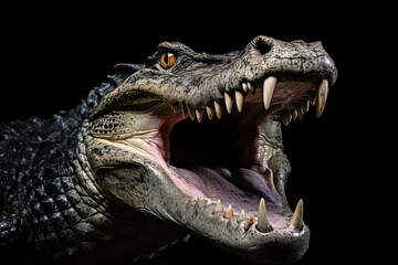 Obraz premium Isolated Crocodile Head with Opened Mouth Showing Teeth Against White Background - Predator Fearsome Skin Texture