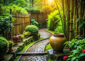 Serene Small Garden Path: Bamboo Fence, Water Jar, Landscape Design