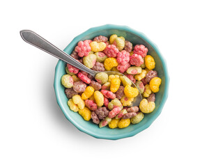 Colorful breakfast cereals in the shape of various fruit in bowl isolated on white background.
