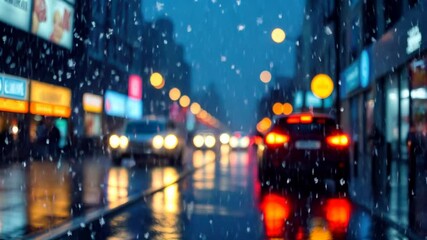 Rain and snow falling against blurred city street at night with car lights and reflections, stormy weather - Powered by Adobe