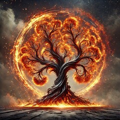 Tree of life symbol made of fire on dark grunge background
