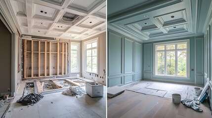 Muted Teal Before and After Master Bedroom Showing The Unfinished and Renovation State Complete with Coffered Ceilings and Molding. Muted Teal Before and After Master Bedroom Showing The Unfinished an