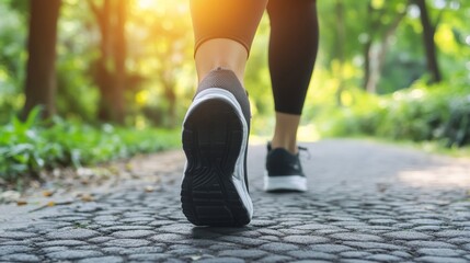 Morning fitness walk on a sunlit path in nature
