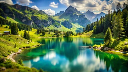 Fototapeta premium Serene Summer Escape: Tilt-Shift Italian Alps Lake