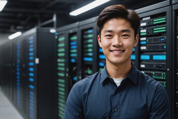 Close portrait of a smiling young Korean male IT worker looking at the camera, against dark server room blurred background.
