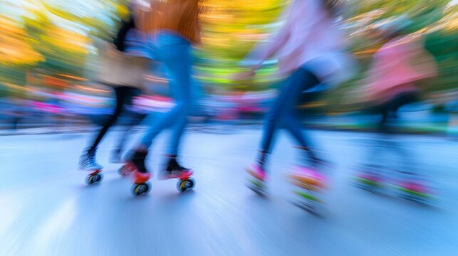 Motion blur of diverse young adults roller skating outdoors in autumn