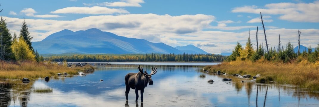 Majestic Moose at Baxter State Park, Maine: A Captivating Encounter with Wildlife at the Scenic Lake (AR 16:9)