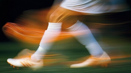 Motion blur of soccer player's legs in action on field