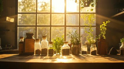 Sunlit herbs and spices in glass jars on wooden table by window.