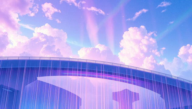 Colorful futuristic bridge against a vibrant sky with fluffy clouds and glowing lights  , copy space