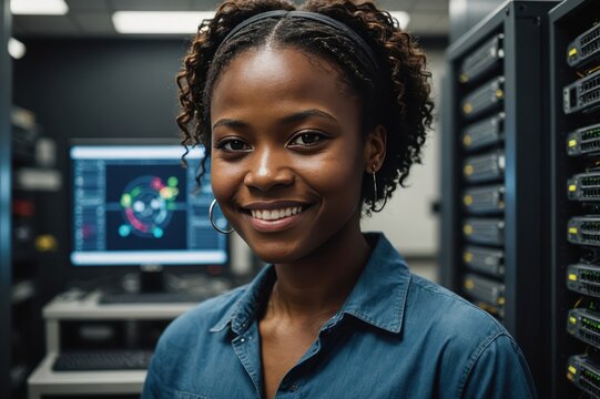 Close portrait of a smiling young Liberian female IT worker looking at the camera, against dark server room blurred background.