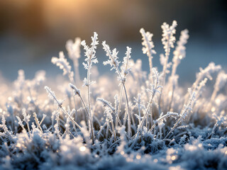Crystalline Frost-Covered Grass in Warm Morning Light with Dreamy Bokeh