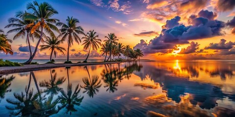 Fototapeta premium Serene Tropical Sunset: Palm Trees Reflecting in Calm Ocean Waters