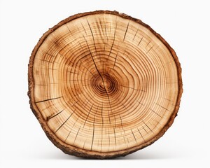 Obraz premium Nature's Texture: Isolated Tree Stump Slice with Wood Grain and Age Rings, Cut Fresh from Forest