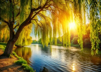 Obraz premium Serene Willow Tree Overhanging River - Peaceful Nature Scene Stock Photo