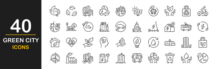 Green city icons set. Contains such icons as environmental, green energy, zero waste, use bike, bio filter, sustainable development, autonomous building, air a quality and more © mi-vector