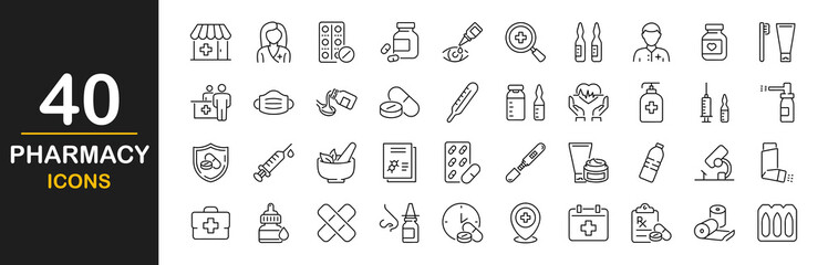 Pharmacy icon set. Containing pharmacy, pills, tablets, drugs, medicine, pharmacist, mortar, cross, protection, syringes, medical laboratory elements and more. Vector illustration