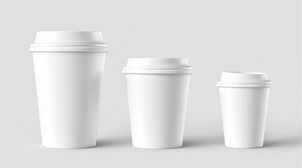 Paper coffee cups in different sizes on white background