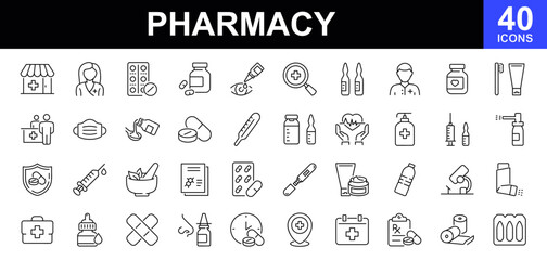 Pharmacy icon set. Containing pharmacy, pills, tablets, drugs, medicine, pharmacist, mortar, cross, protection, syringes, medical laboratory elements and more. Vector illustration