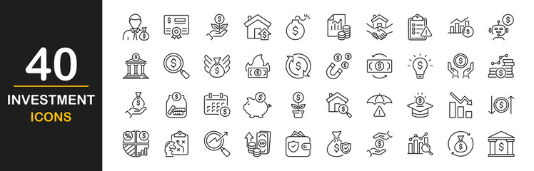 Investment icon set. Set of 40 line icons related to investment, investor, risk management, economy, financial gain, money, statistic, data analysis and more. Vector illustration