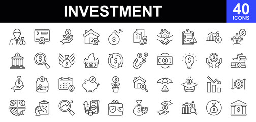 Investment icon set. Set of 40 line icons related to investment, investor, risk management, economy, financial gain, money, statistic, data analysis and more. Vector illustration