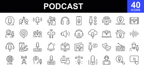 Podcast icons set. Containing audio, microphone, record, podcasting, broadcasting, headphones, internet conference, chat, recording a webinar, Interview and more. Vector illustration