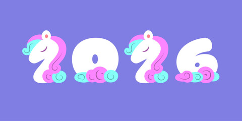 Baby horses numbers 2026. New Year poster, banner, background, template. Simple cartoon cute style. Astrology China lunar calendar.
