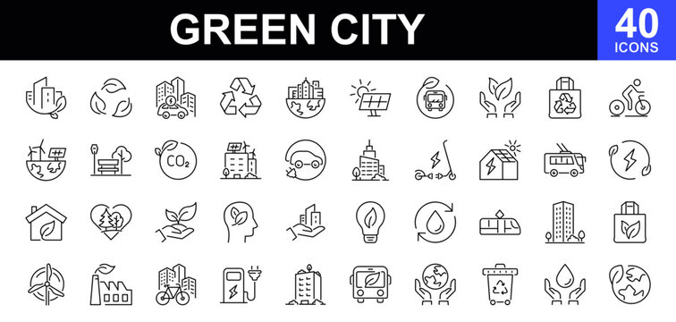 Green city icons set. Contains such icons as environmental, green energy, zero waste, use bike, bio filter, sustainable development, autonomous building, air a quality and more