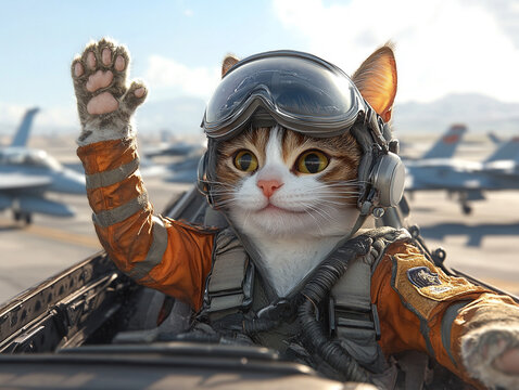Cat pilot waves from fighter jet cockpit during training - Powered by Adobe