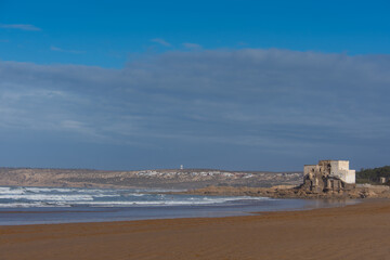Seaside castle on the large beach of Kouaki near Essaouira in Morocco