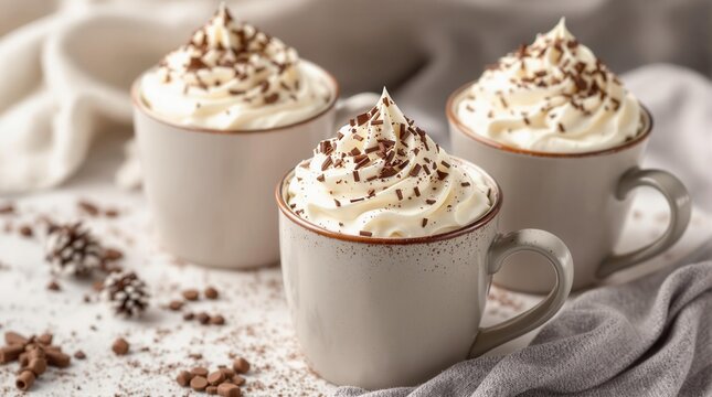 Cups of hot chocolate with whipped cream