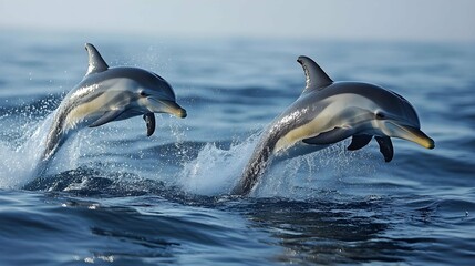 Fototapeta premium Two graceful dolphins leap through the ocean waves, creating a dynamic and joyful scene