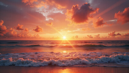Fototapeta premium Sunset over ocean waves with colorful sky