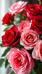 Naklejka premium A Bunch of Red and Pink Roses in Full Bloom Close Up Showing Petal Details