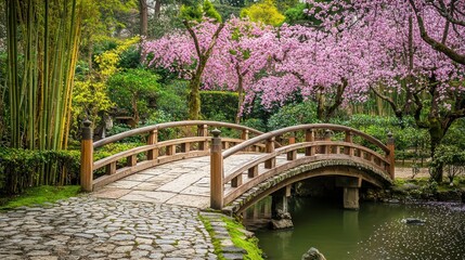 Wooden bridge over pond in serene garden with blooming cherry trees.