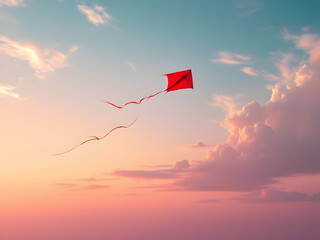 Serene Red Kite Flying Gracefully Against Pastel Sunset Sky