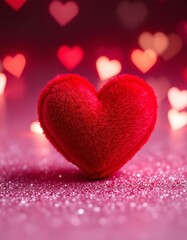Obraz premium A vibrant red heart pillow on a pink glittery surface, with heart bokeh lights
