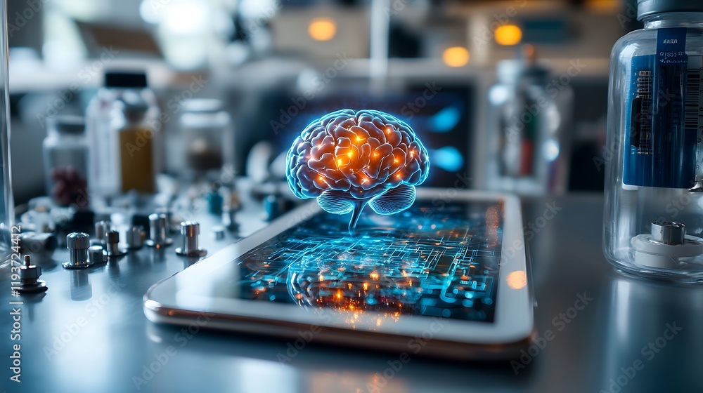 Poster digital brain hologram on tablet in lab setting