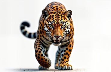 Jaguar stalks prey in rainforest. Predator with muscular body, yellow eyes. Powerful big cat in action. Photorealistic illustration shows hunting posture. Jungle theme in South America. Endangered