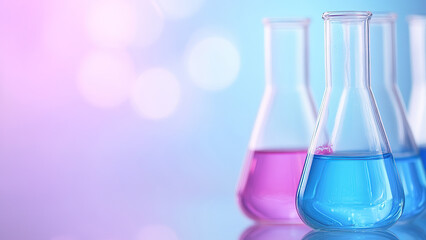 Colorful chemistry lab beakers with pink and blue liquid