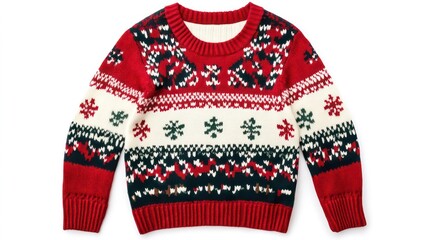 Cream children's Christmas sweater with red trim and festive Fair Isle pattern.