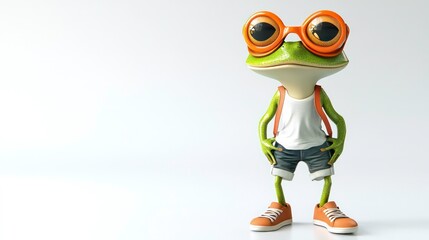 unny frog wearing sneakers, shorts, and a t-shirt, set against a solid white background. This playful and whimsical image is perfect for children's content, cartoons, and lighthearted designs