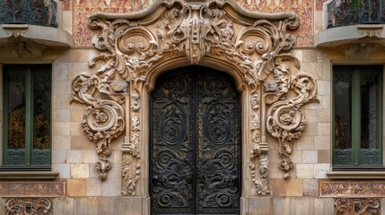 Fototapeta premium Ornate baroque facade with intricate carvings and decorative metal door