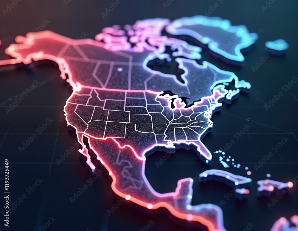 Aufkleber futuristic neon map of north america. network of glowing lines, dots. abstract representation of dat