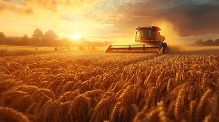 Fototapeta premium Wheat harvest scene with combine harvester, A combine harvester moving through a golden wheat field, while farmers work in the foreground, gathering freshly cut grain