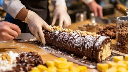 Pastry chef preparing chocolate swiss roll with nuts and powdered sugar