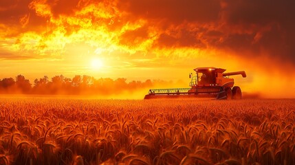 Fototapeta premium Wheat harvest scene with combine harvester, A combine harvester moving through a golden wheat field, while farmers work in the foreground, gathering freshly cut grain