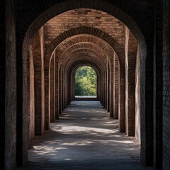 Fototapeta premium A long, narrow brick archway with a window in the middle