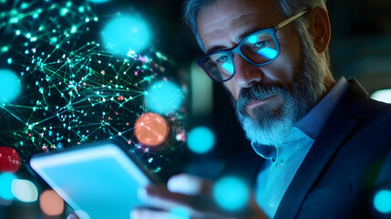 A focused professional analyzes digital data using a tablet, surrounded by glowing connections